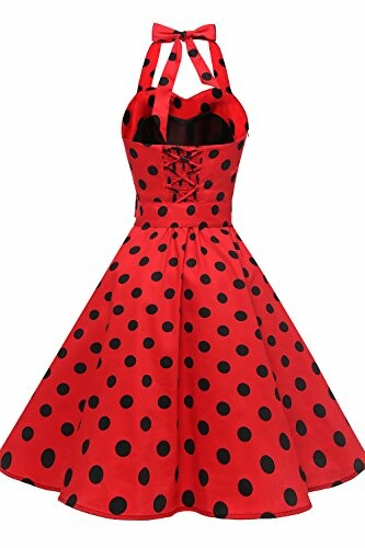 Red vintage dress with black polka dots and halter neck.