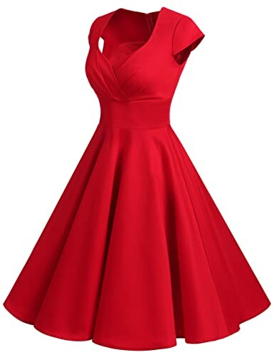 Red vintage style dress with cap sleeves and flared skirt.