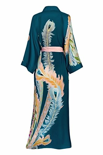 Silk robe with colorful peacock feather design