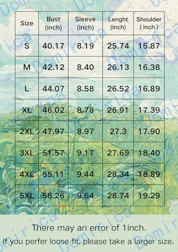 Clothing size chart with measurements for bust, sleeve, length, and shoulder.