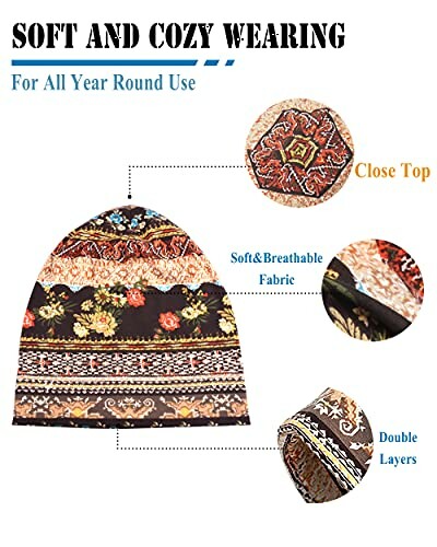 Floral beanie with soft, breathable fabric and double layers.
