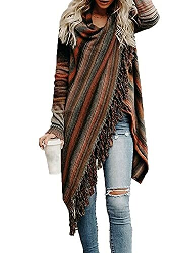 Woman in striped fringe cardigan holding a cup