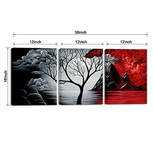 Triptych painting with a tree and dramatic sky in red, black, and white.