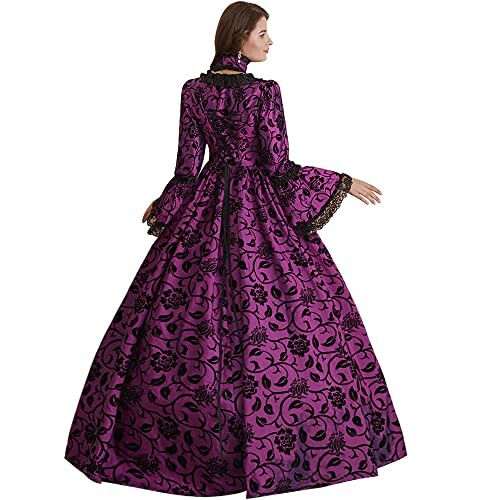 Woman in a purple Victorian-style gown with black floral patterns