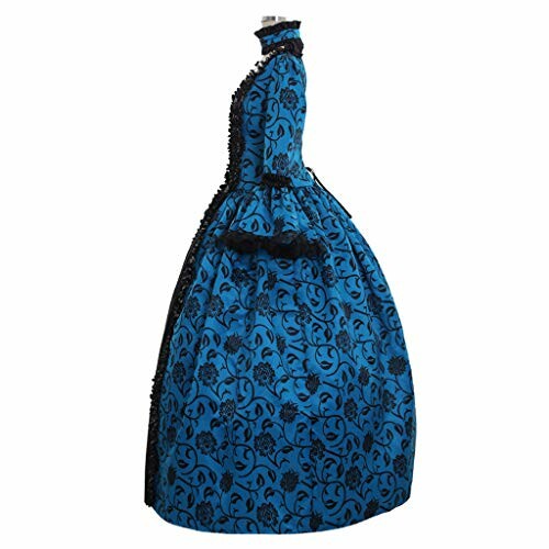 Victorian-style blue dress with black floral pattern on mannequin.