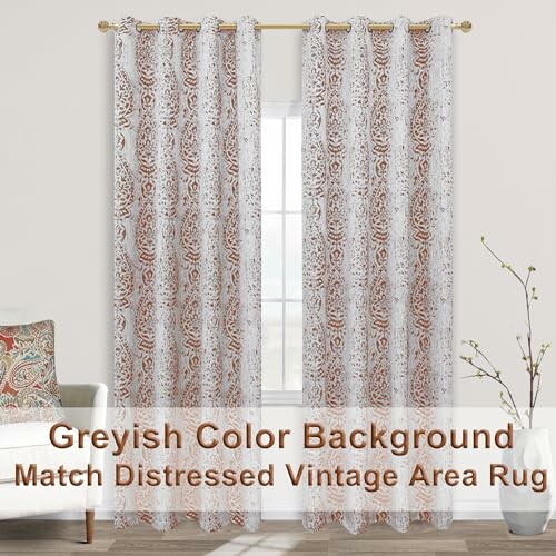 Vintage pattern curtains with a greyish background in a room.