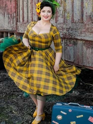 Woman in yellow plaid vintage dress with suitcase