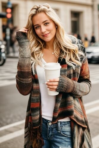 Woman holding a coffee cup on a city street
