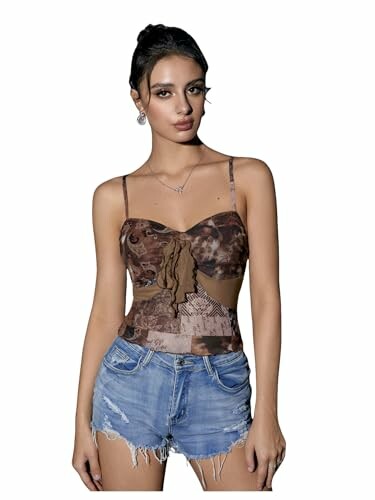 SOLY HUX Women's Y2k Mesh Cami Crop Top