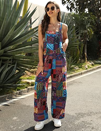 Woman in a colorful patterned jumpsuit near plants