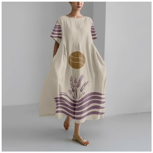 Woman in a beige dress with floral and geometric patterns.