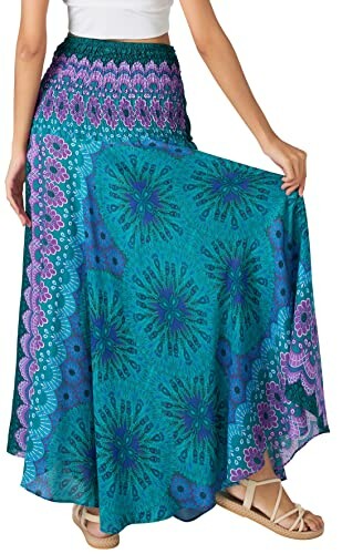 Woman in a colorful bohemian long skirt.