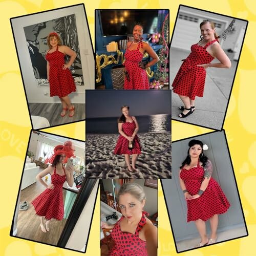 Collage of women wearing red polka dot dresses.