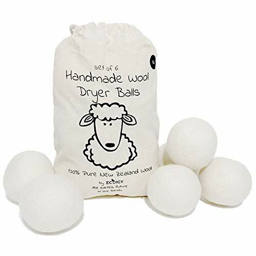 Set of handmade wool dryer balls with storage bag.